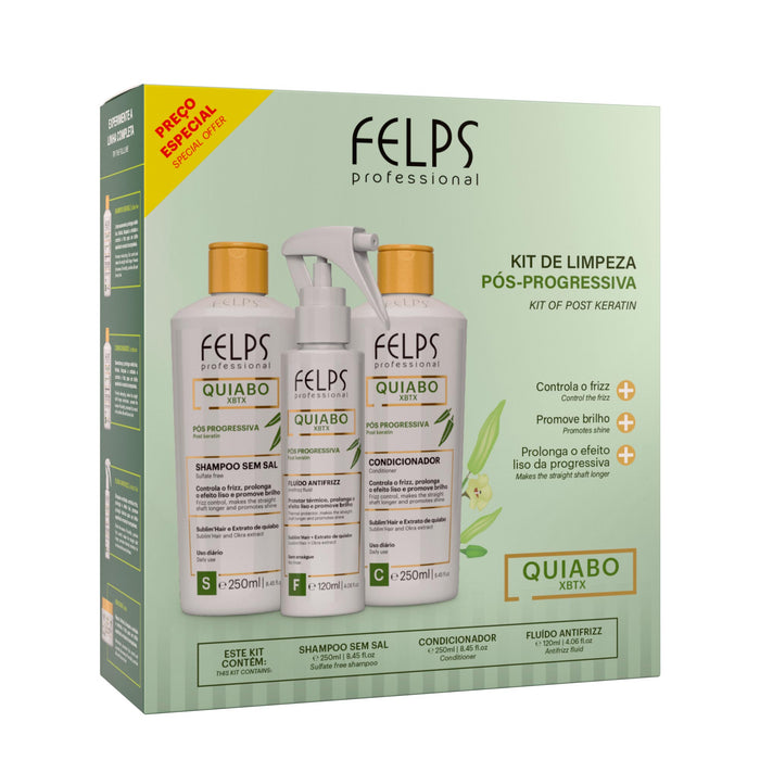 Felps Professional Quiabo XBTX Post-Progressive 3-in-1 kit box, front three-quarter view showing shampoo, conditioner and antifrizz fluid – Buy now at MKPBR.COM – Worldwide Shipping