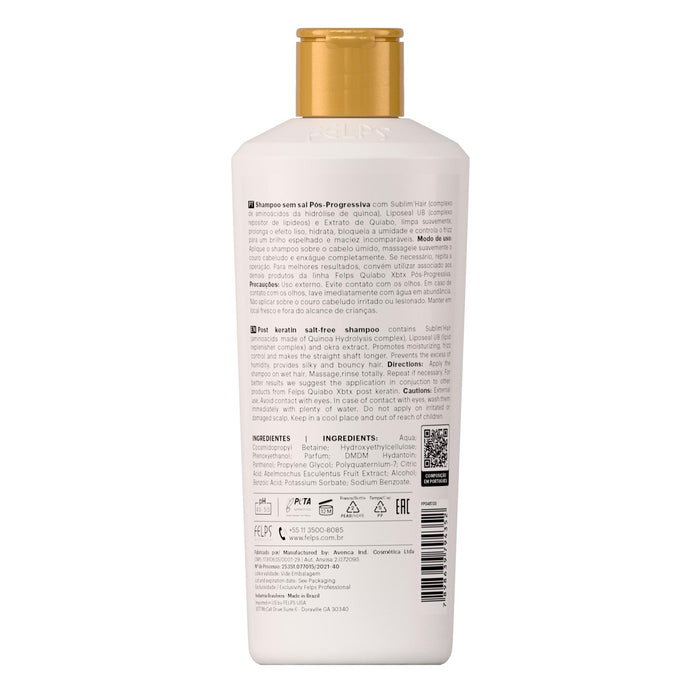 Felps Professional Quiabo XBTX Post-Progressive Sulfate-Free Shampoo 250 ml back label with ingredient list – Buy now at MKPBR.COM – Worldwide Shipping