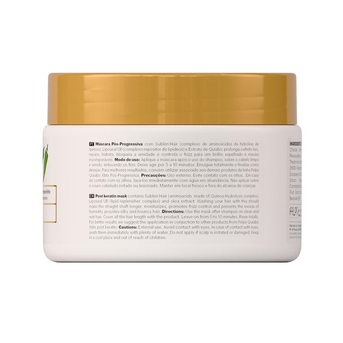 Felps Professional Quiabo XBTX Post-Progressive Treatment Mask 300 g back label with ingredient list – Buy now at MKPBR.COM – Worldwide Shipping