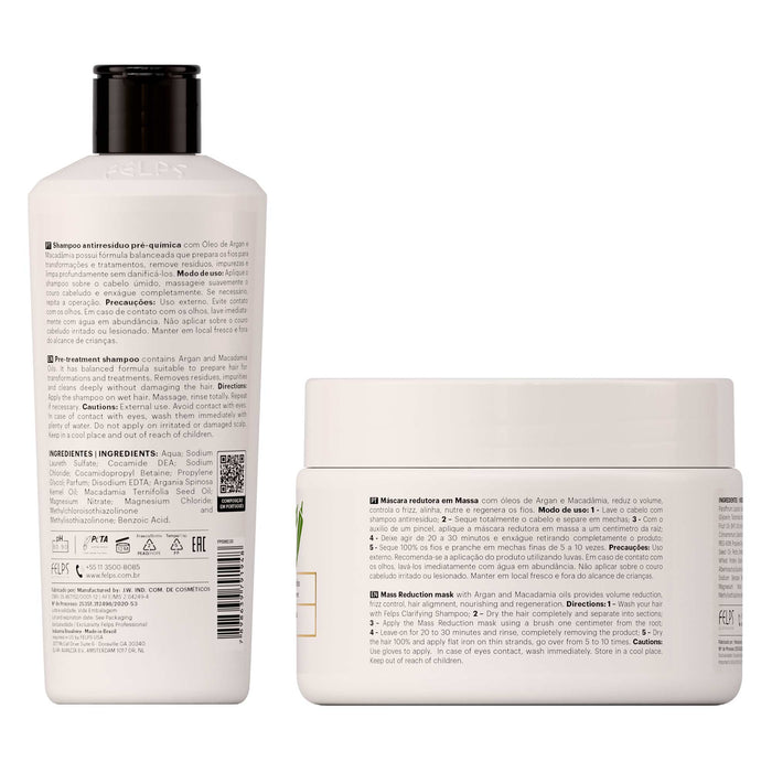 Back labels of the Felps Professional Anti-Residue Deep Cleansing Shampoo 250 ml and Quiabo XBTX Volume-Reducing Mask 300 g kit showing directions of use – Buy now at MKPBR.COM – Worldwide Shipping