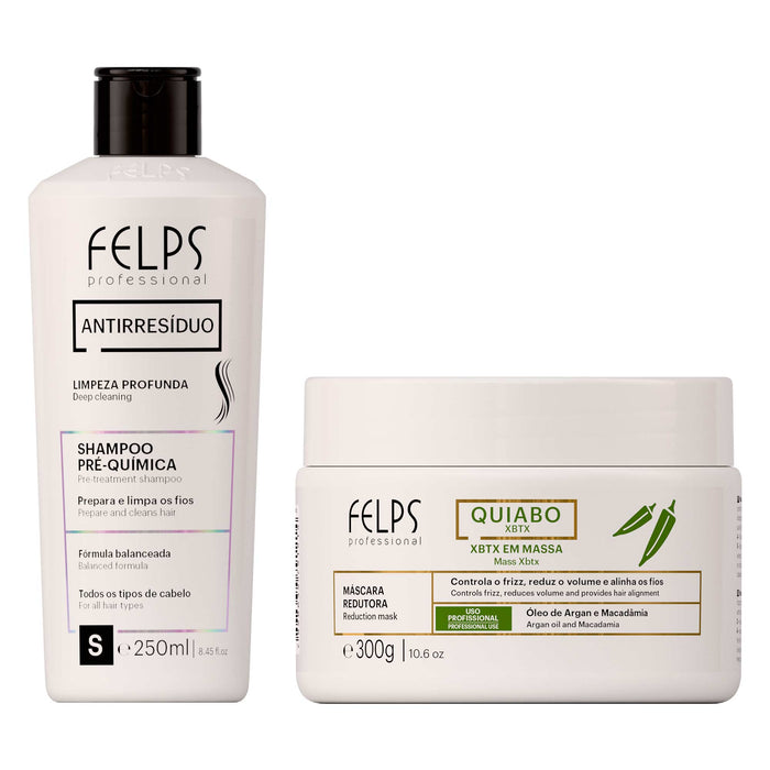 Felps Professional Anti-Residue Deep Cleansing Shampoo 250 ml bottle and Quiabo XBTX Volume-Reducing Mask 300 g jar kit, front view – Buy now at MKPBR.COM – Worldwide Shipping