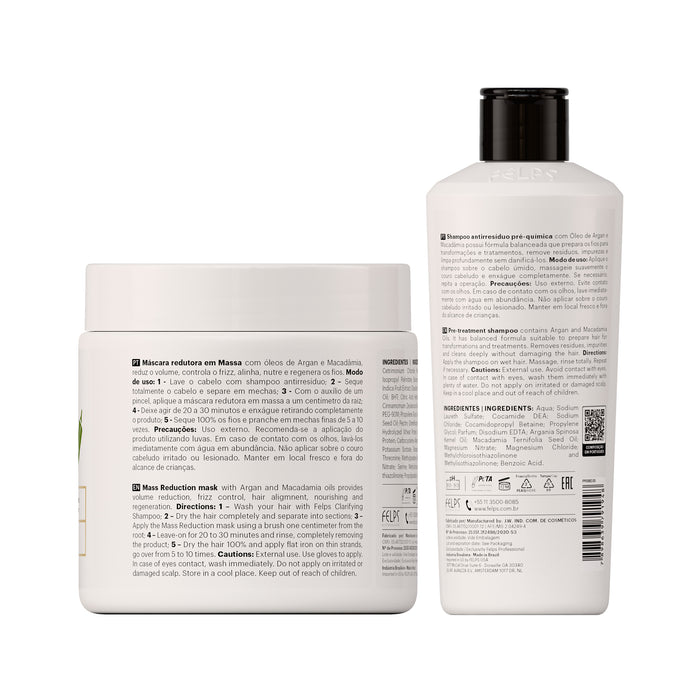 Back labels of the Felps Professional Quiabo XBTX Volume-Reducing Mask 500 g and Anti-Residue Deep Cleansing Shampoo 250 ml kit showing directions of use – Buy now at MKPBR.COM – Worldwide Shipping