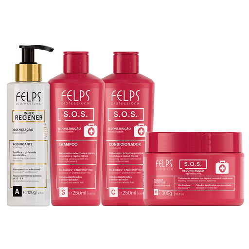 Felps Professional S.O.S. Reconstruction and Inner Regener Acidifier Kit of 4 showing shampoo, conditioner, treatment mask and 120 ml acidifier – Buy now at MKPBR.COM – Worldwide Shipping