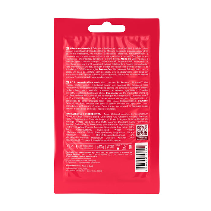 Back label of the Felps Professional S.O.S. Reconstruction 50 g mask sachet showing directions, cautions and the ingredient list – Buy now at MKPBR.COM – Worldwide Shipping