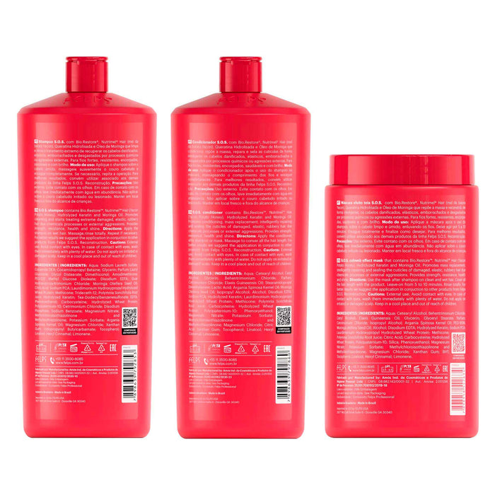 Felps Professional S.O.S. Reconstruction Salon Hair Kit of 3 showing back label ingredient panels of the litre bottles and mask tub – Buy now at MKPBR.COM – Worldwide Shipping