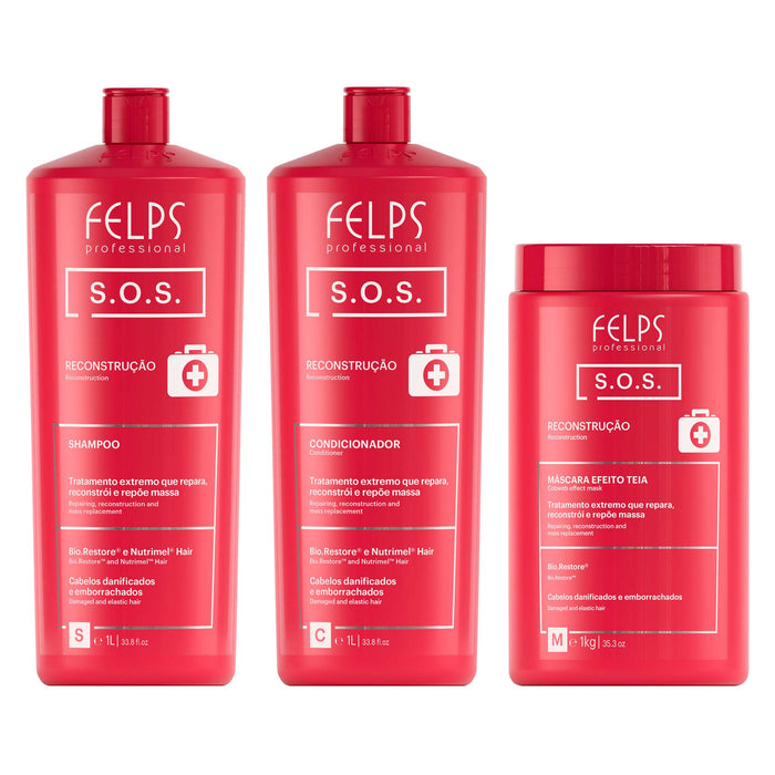 Felps Professional S.O.S. Reconstruction Salon Hair Kit of 3 with 1 L shampoo, 1 L conditioner and 1 kg mask, front view – Buy now at MKPBR.COM – Worldwide Shipping