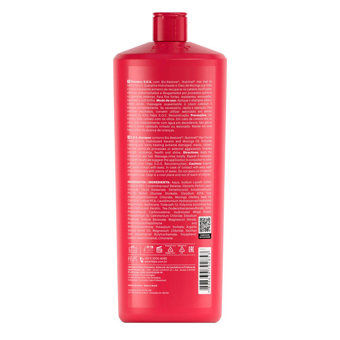Felps Professional SOS Reconstruction Shampoo 1 L back label with INCI list and usage instructions – Buy now at MKPBR.COM – Worldwide Shipping