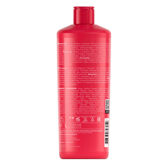 Felps Professional SOS Reconstruction Shampoo 500 ml back label with ingredients and directions – Buy now at MKPBR.COM – Worldwide Shipping