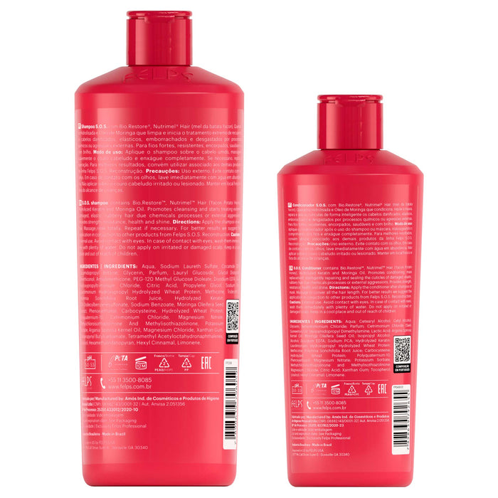 Felps Professional S.O.S. Reconstruction duo kit showing back label ingredient panels of the shampoo and conditioner – Buy now at MKPBR.COM – Worldwide Shipping