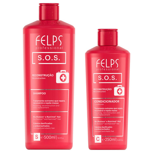 Felps Professional S.O.S. Reconstruction 500 ml shampoo and 250 ml conditioner duo kit, front view of both bottles – Buy now at MKPBR.COM – Worldwide Shipping