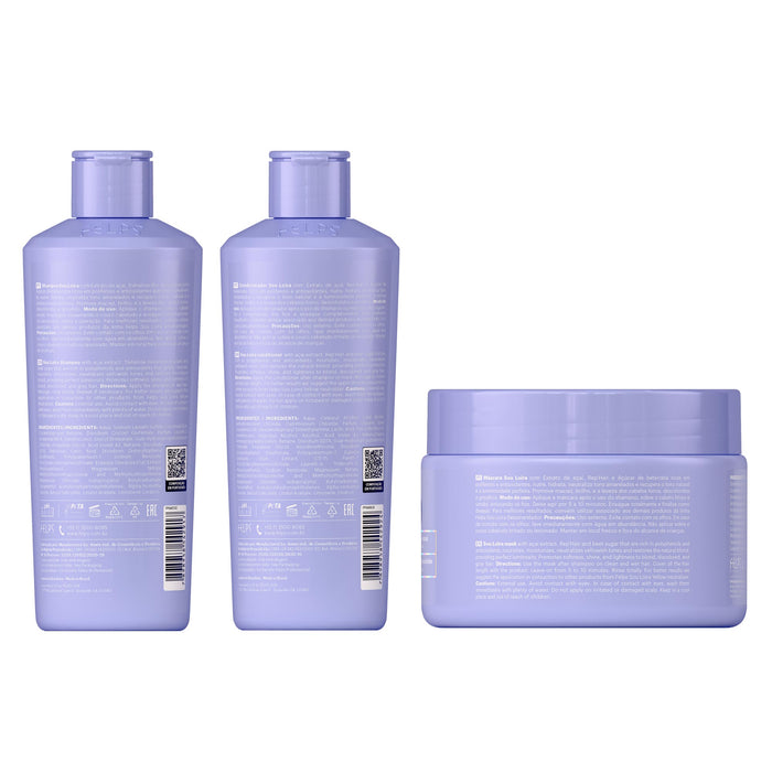 Felps Professional Sou Loira Blonde Toning Hair Kit of 3 showing back label ingredient panels of the shampoo, conditioner and toning mask – Buy now at MKPBR.COM – Worldwide Shipping
