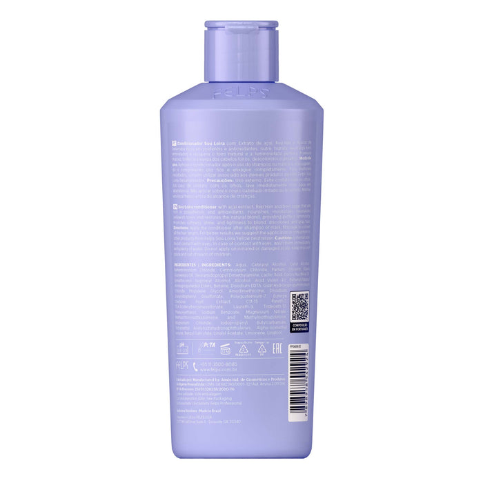 Back label of Felps Professional Sou Loira Repair Conditioner 250 ml showing INCI ingredients and directions – Buy now at MKPBR.COM – Worldwide Shipping