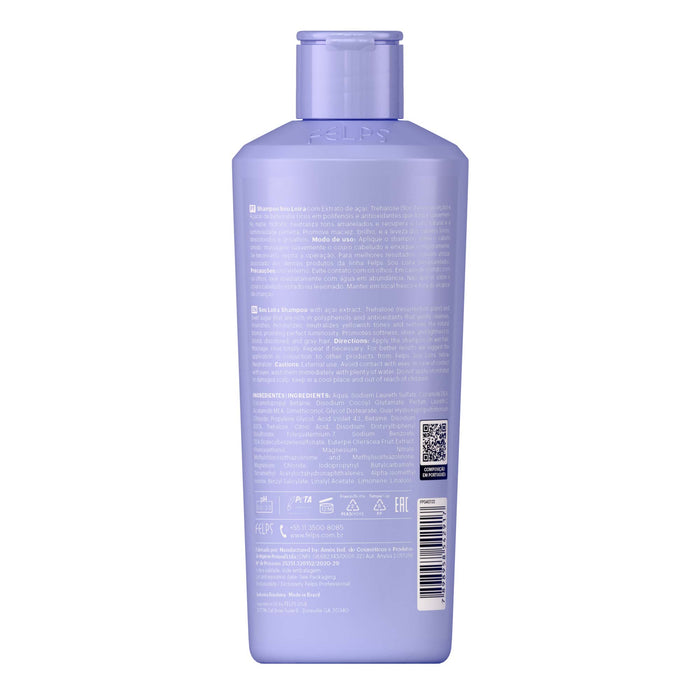 Felps Professional Sou Loira Repairing Purple Shampoo 250 ml back label showing directions and the full ingredient list – Buy now at MKPBR.COM – Worldwide Shipping