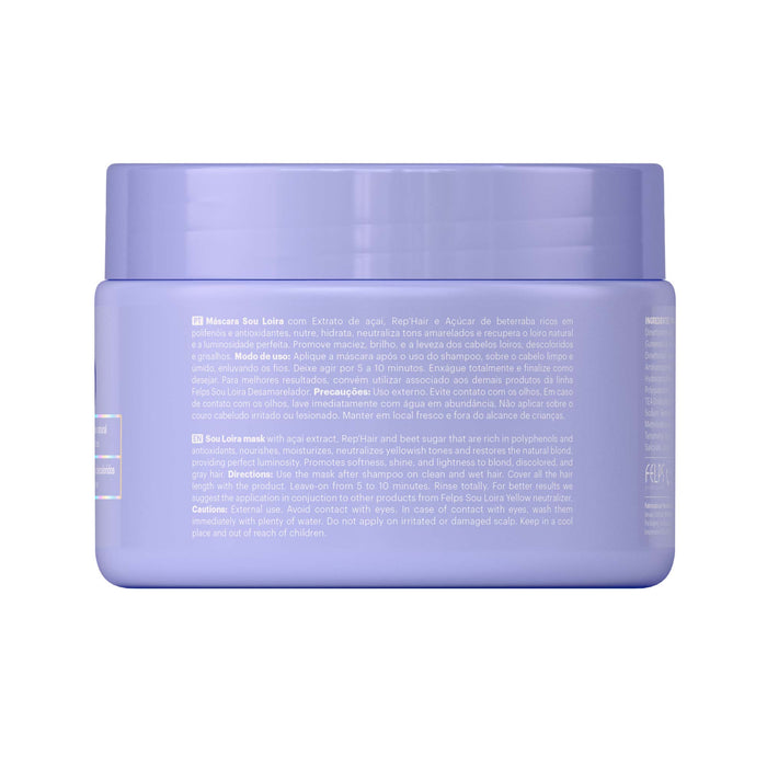 Felps Professional Sou Loira Toning Mask 300 g jar back label showing bilingual directions and ingredient list – Buy now at MKPBR.COM – Worldwide Shipping