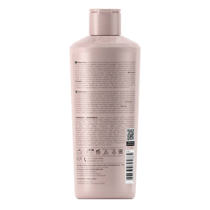 Felps Professional Uniq 6-in-1 Multifunction Shampoo 250 ml back label showing ingredients and directions – Buy now at MKPBR.COM – Worldwide Shipping