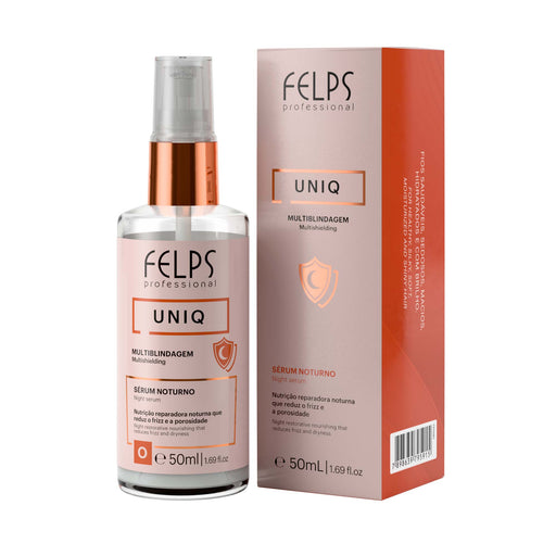 Felps Professional Uniq 6-in-1 Night Serum 50 ml glass pump bottle next to its coral outer carton – Buy now at MKPBR.COM – Worldwide Shipping