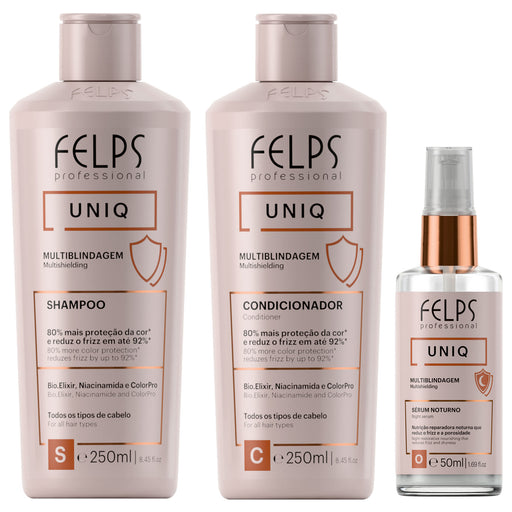 Felps Professional Uniq 6-in-1 overnight treatment kit of 3 with 250 ml shampoo, 250 ml conditioner and 50 ml night serum, front of set – Buy now at MKPBR.COM – Worldwide Shipping