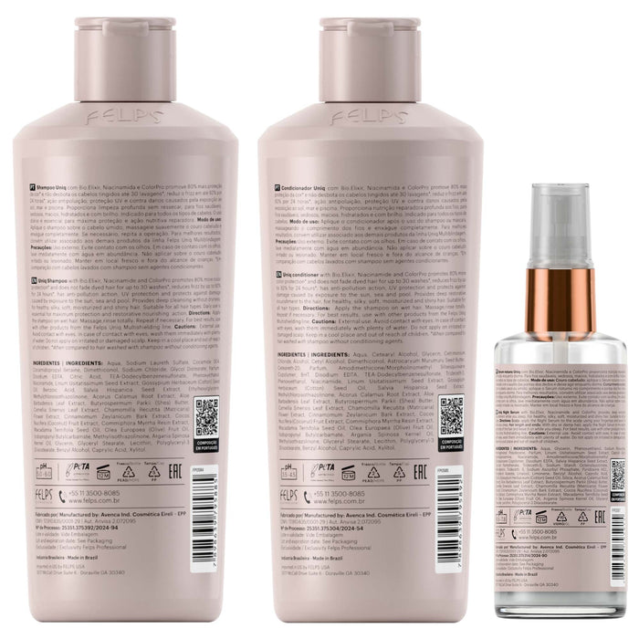 Label detail view of the Felps Professional Uniq 6-in-1 shampoo, conditioner and night serum three-piece overnight treatment kit – Buy now at MKPBR.COM – Worldwide Shipping