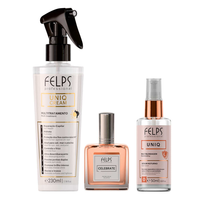 Felps Professional gift kit of 3 with Uniq Cream leave-in 230 ml, Celebrate hair perfume 25 ml and Uniq 6-in-1 night serum 50 ml, front of set – Buy now at MKPBR.COM – Worldwide Shipping