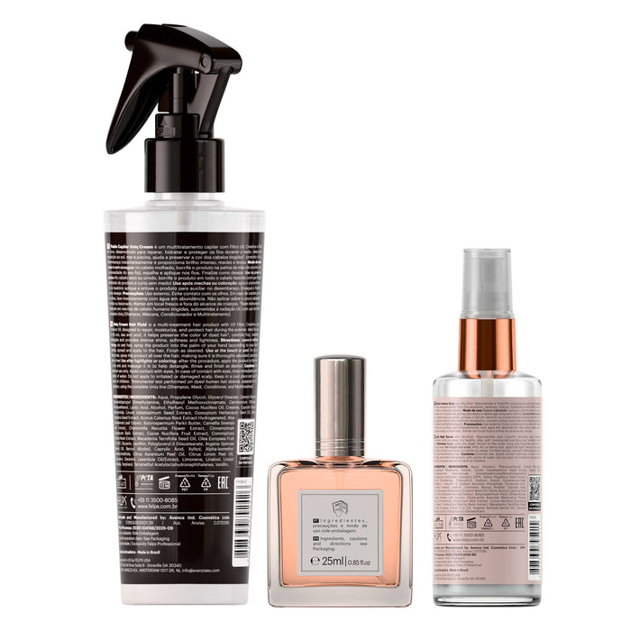 Label detail view of the Felps Professional Uniq Cream, Celebrate hair perfume and Uniq night serum three-piece gift kit – Buy now at MKPBR.COM – Worldwide Shipping