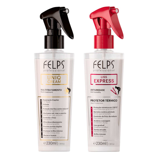 Felps Professional Uniq Cream Multi-Treatment Leave-In 230 ml and Liss Express Heat Protectant 230 ml finishing kit of 2, front of both bottles – Buy now at MKPBR.COM – Worldwide Shipping
