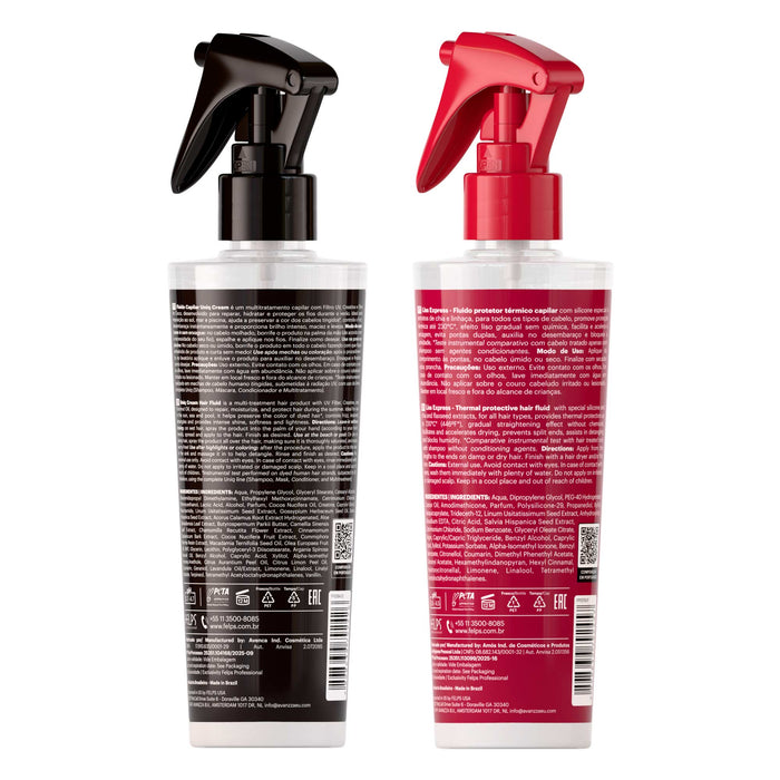 Label detail view of the Felps Professional Uniq Cream leave-in and Liss Express heat protectant two-piece finishing kit – Buy now at MKPBR.COM – Worldwide Shipping