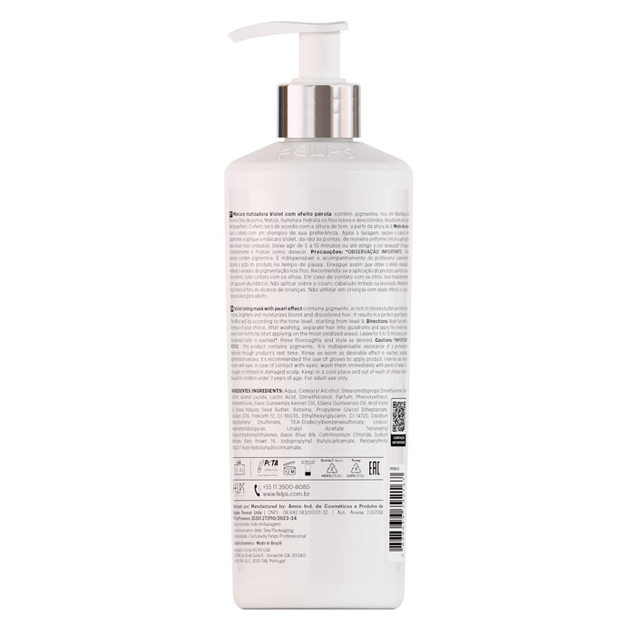 Felps Professional Violet Toning Mask Pearl Effect 500 ml back label showing directions cautions and full ingredient list – Buy now at MKPBR.COM – Worldwide Shipping