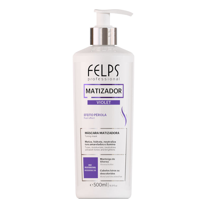 Felps Professional Violet Toning Mask Pearl Effect 500 ml white pump bottle front view with violet label – Buy now at MKPBR.COM – Worldwide Shipping
