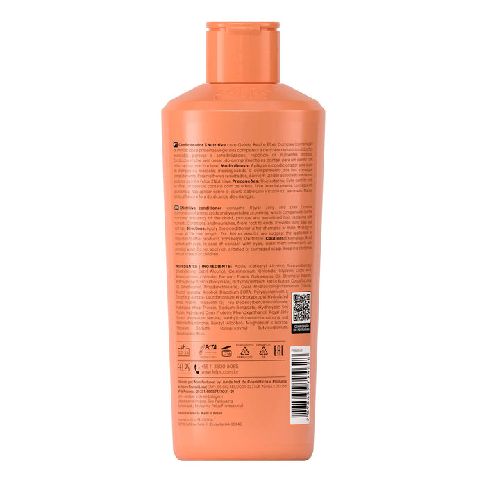 Back label of Felps Professional XNutritive Conditioner 250 ml with directions and INCI ingredient list – Buy now at MKPBR.COM – Worldwide Shipping