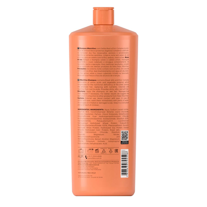 Back label of Felps Professional XNutritive Shampoo 1 L showing bilingual directions and full ingredient list – Buy now at MKPBR.COM – Worldwide Shipping
