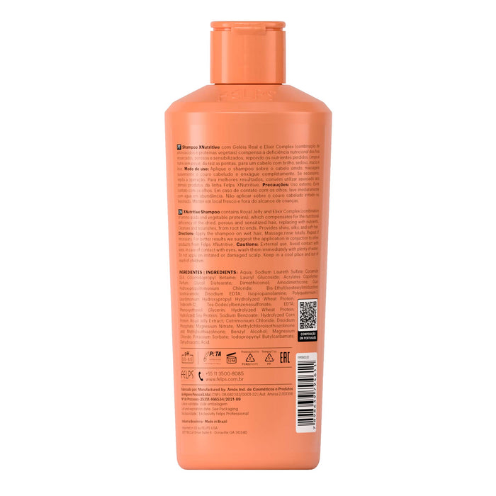 Back label of Felps Professional XNutritive Shampoo 250 ml showing directions and INCI ingredient list – Buy now at MKPBR.COM – Worldwide Shipping