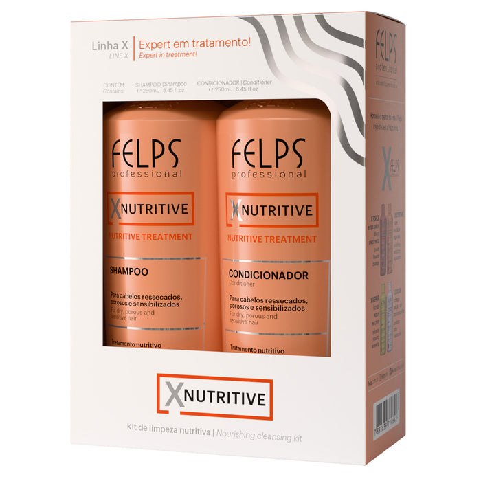 Felps Professional XNutritive Home Care Duo kit box seen at an angle with the orange 250 ml shampoo and 250 ml conditioner bottles visible through the window – Buy now at MKPBR.COM – Worldwide Shipping