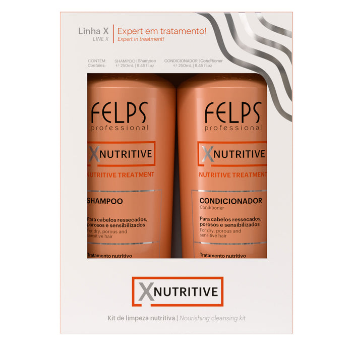 Straight-on front view of the Felps Professional XNutritive Home Care Duo box with the shampoo and conditioner 250 ml bottles side by side – Buy now at MKPBR.COM – Worldwide Shipping