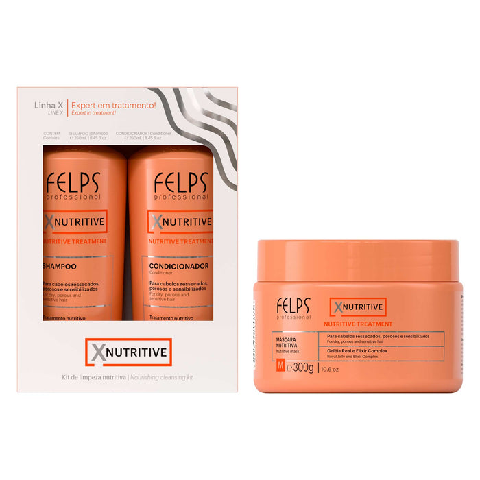 Felps Professional XNutritive hair kit of 3 showing the orange 250 ml shampoo and 250 ml conditioner duo box beside the 300 g nutritive treatment mask jar – Buy now at MKPBR.COM – Worldwide Shipping