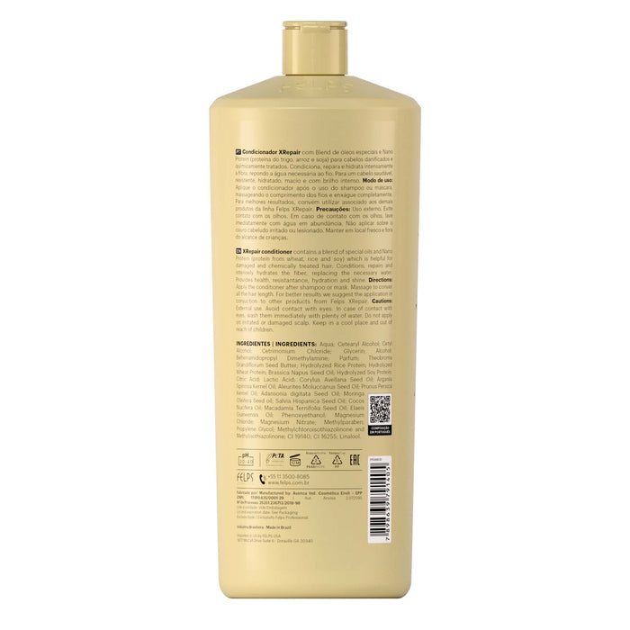 Back label of Felps Professional XRepair Conditioner 1 L salon bottle with usage instructions and INCI list – Buy now at MKPBR.COM – Worldwide Shipping