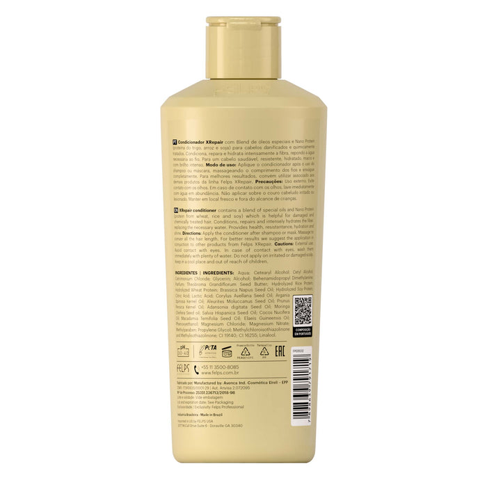 Back label of Felps Professional XRepair Conditioner 250 ml showing directions and full ingredient list – Buy now at MKPBR.COM – Worldwide Shipping