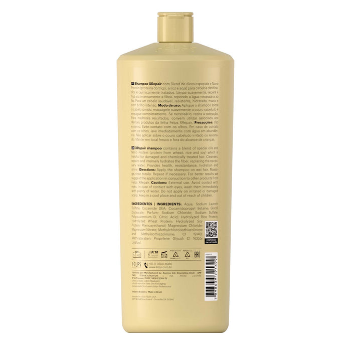 Felps Professional XRepair Deep Hydration Shampoo 1 L back label showing the full INCI ingredient list – Buy now at MKPBR.COM – Worldwide Shipping