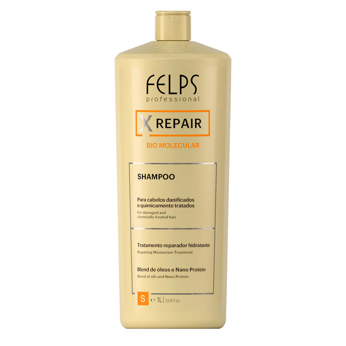 Felps Professional XRepair Bio Molecular Deep Hydration Shampoo 1 L salon size gold bottle front view – Buy now at MKPBR.COM – Worldwide Shipping