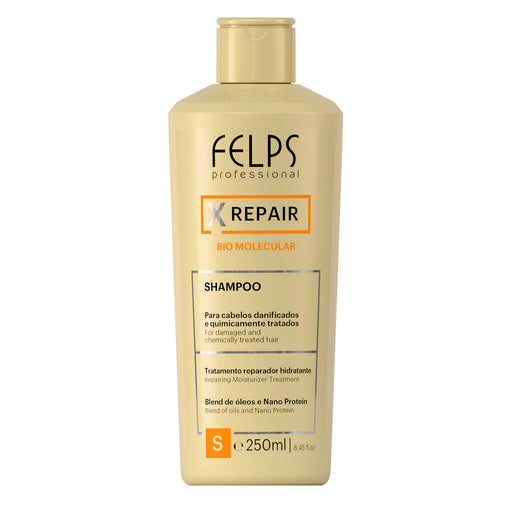 Felps Professional XRepair Bio Molecular Deep Hydration Shampoo 250 ml gold bottle front view – Buy now at MKPBR.COM – Worldwide Shipping