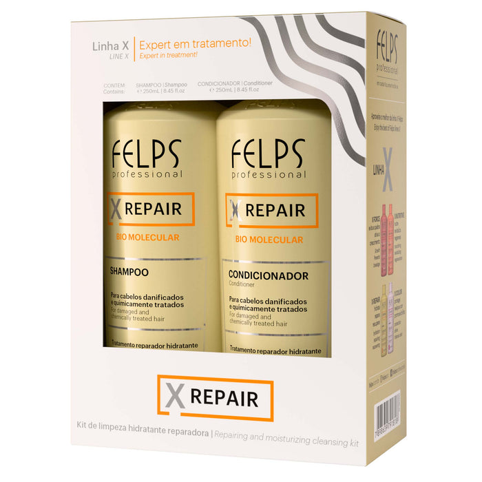 Felps Professional XRepair Home Care Duo kit box with the gold 250 ml Bio Molecular shampoo and 250 ml conditioner bottles visible through the window – Buy now at MKPBR.COM – Worldwide Shipping