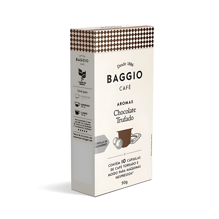Elegant packaging of Baggio Café Chocolate Truffle Nespresso capsules, symbolizing gourmet Brazilian coffee heritage. – Buy now at MKPBR.COM – Worldwide Shipping