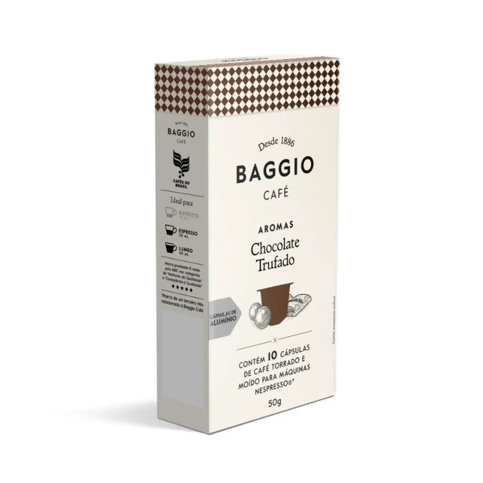 Elegant packaging of Baggio Café Chocolate Truffle Nespresso capsules, symbolizing gourmet Brazilian coffee heritage. – Buy now at MKPBR.COM – Worldwide Shipping