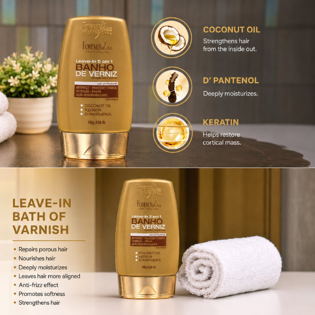 Key ingredients of Banho de Verniz leave-in including Keratin and Coconut Oil – Buy now at MKPBR.COM – Worldwide Shipping