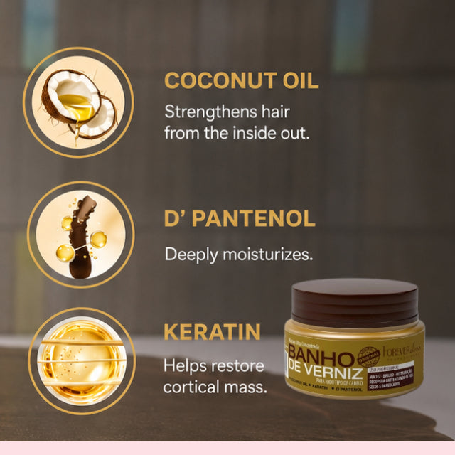 Professional hair fiber restoration using Forever Liss Banho de Verniz mask – Buy now at MKPBR.COM – Worldwide Shipping