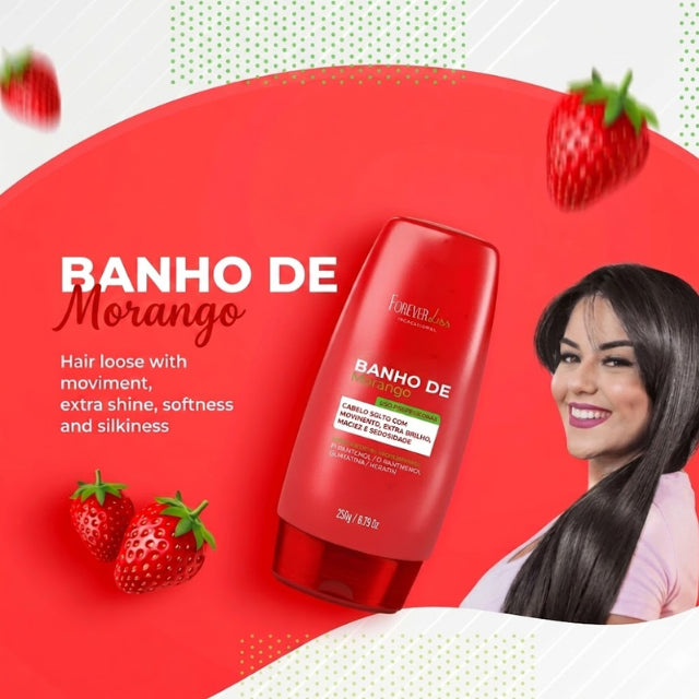 Creamy pink texture of Forever Liss Banho de Verniz Morango conditioner with strawberry aroma – Buy now at MKPBR.COM – Worldwide Shipping