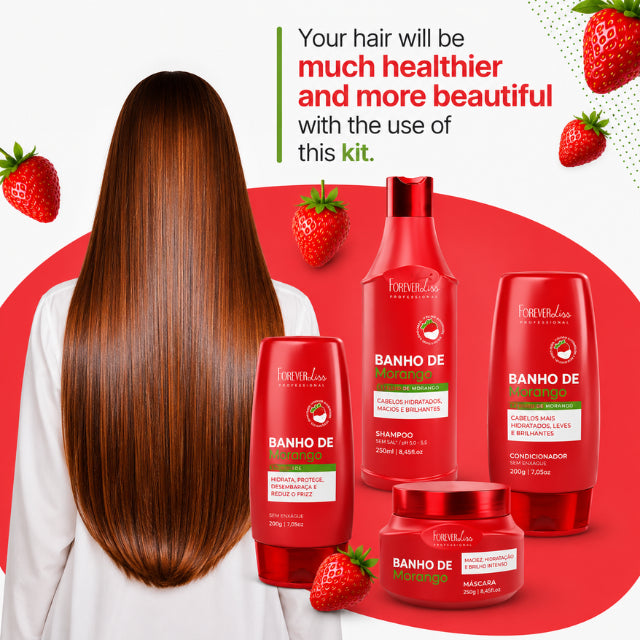 All included products in the Forever Liss Banho de Verniz Morango complete ritual – Buy now at MKPBR.COM – Worldwide Shipping