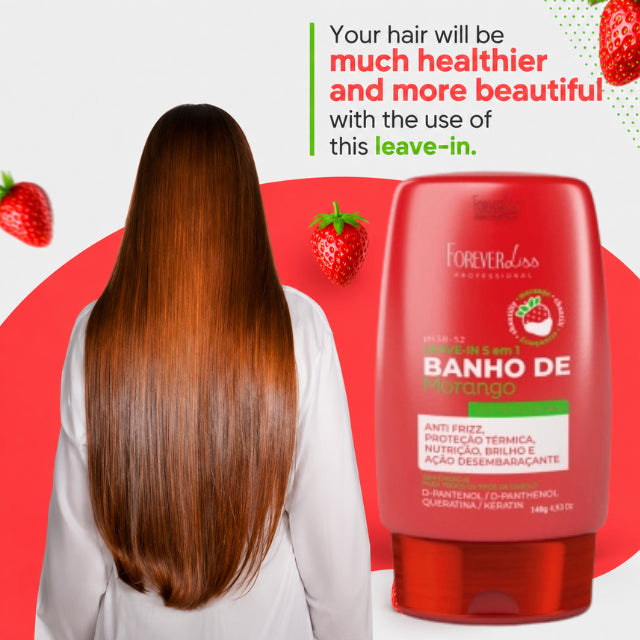 Close-up of Forever Liss Banho de Verniz Morango 140g packaging and usage instructions – Buy now at MKPBR.COM – Worldwide Shipping