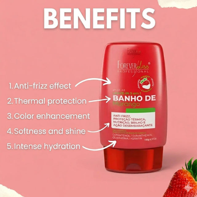 Key ingredients of Banho de Verniz Morango leave-in including Strawberry and D-Panthenol – Buy now at MKPBR.COM – Worldwide Shipping