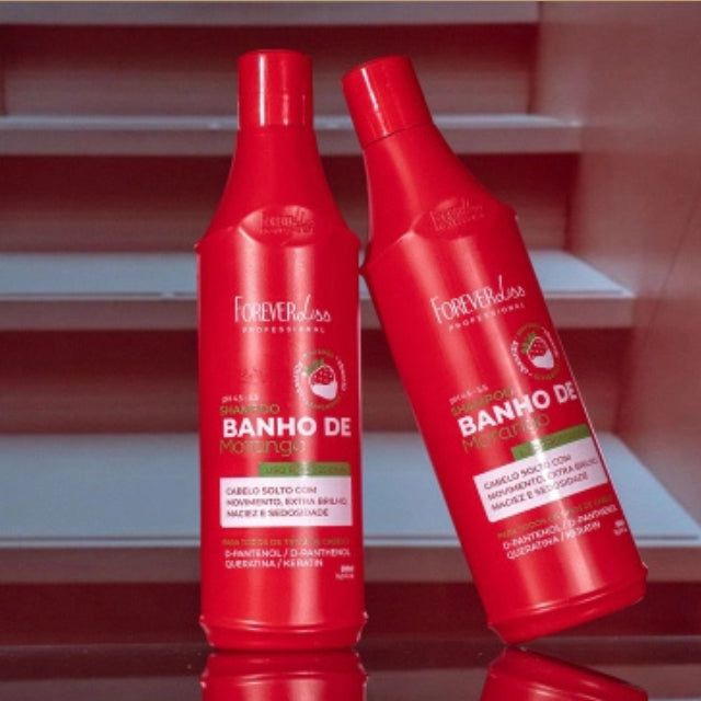Official Forever Liss Banho de Verniz Morango 500ml shampoo with authentic Brazilian quality seal – Buy now at MKPBR.COM – Worldwide Shipping