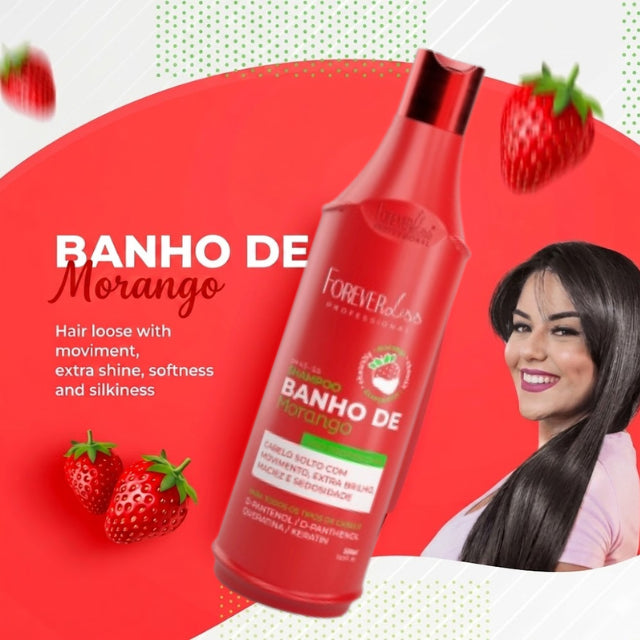 Forever Liss Banho de Verniz Morango shampoo integrated into a professional daily beauty routine – Buy now at MKPBR.COM – Worldwide Shipping